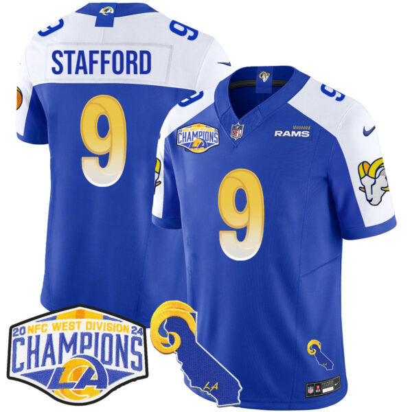 Los Angeles Rams 2024 NFC West Division Champions Jersey N1 – All Stitched – Matthew Stafford – 9 – Royal Alternate Jersey