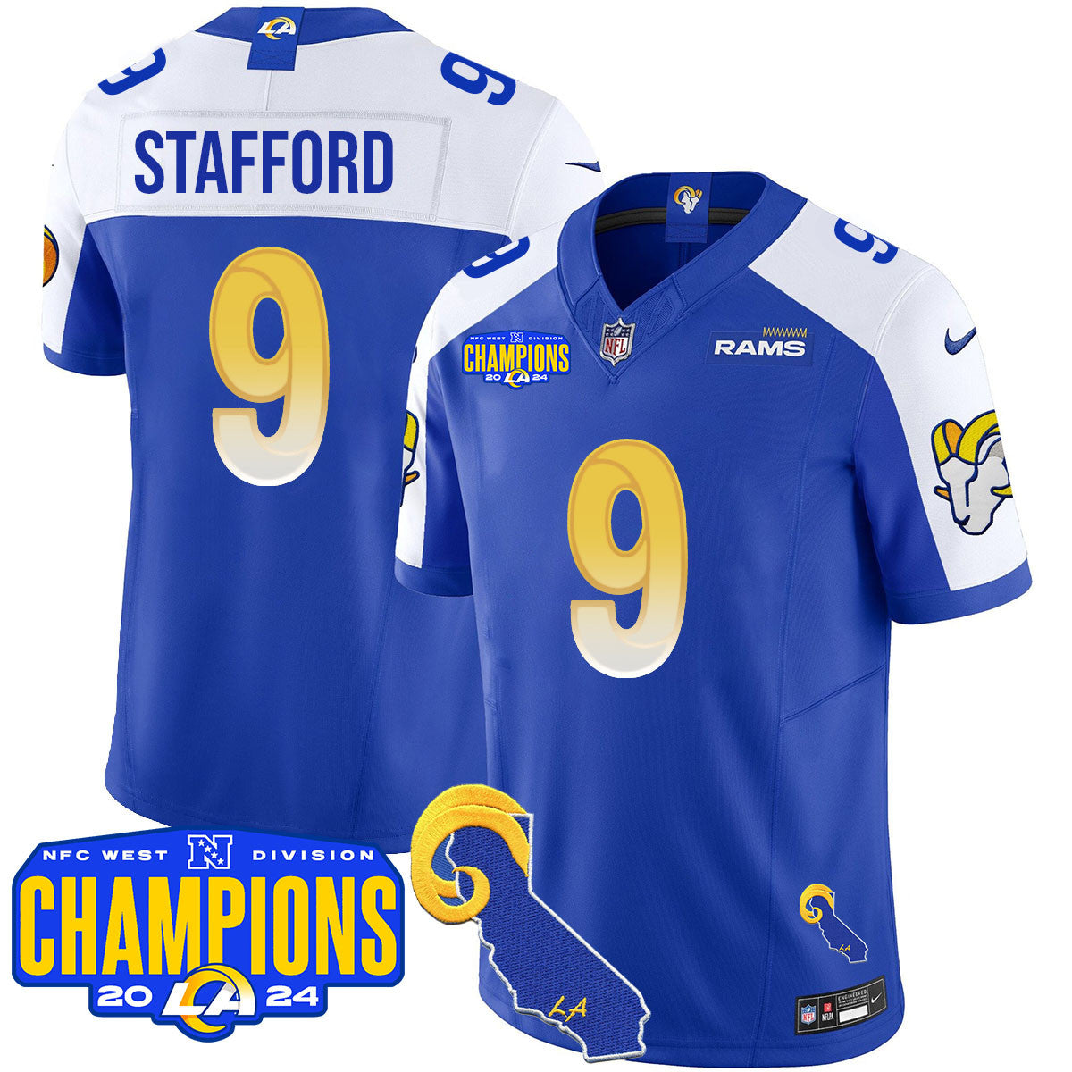 Los Angeles Rams 2024 NFC West Division Champions Jersey – All Stitched – Matthew Stafford – 9 – Royal Alternate Jersey