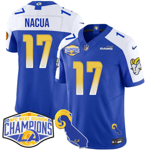 Los Angeles Rams 2024 NFC West Division Champions Jersey N1 – All Stitched – Puka Nacua – 17 – Royal Alternate Jersey