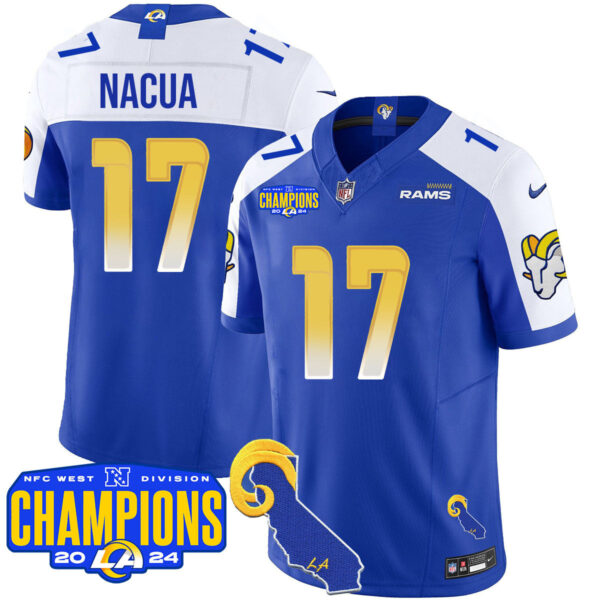 Los Angeles Rams 2024 NFC West Division Champions Jersey – All Stitched – Puka Nacua – 17 – Royal Alternate Jersey