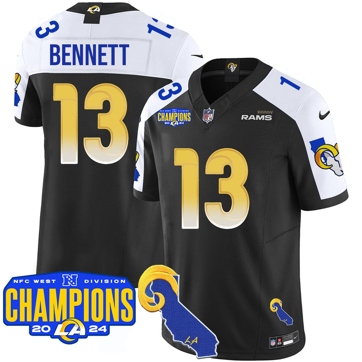 Los Angeles Rams 2024 NFC West Division Champions Jersey – All Stitched – Stetson Bennett – 13 – Black Alternate Jersey