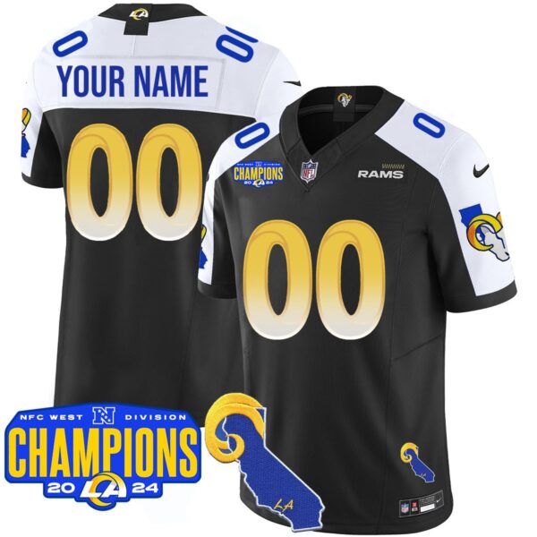 Custom Gender/Name Los Angeles Rams 2024 NFC West Division Champions Jersey – All Stitched – Black Alternate Jersey