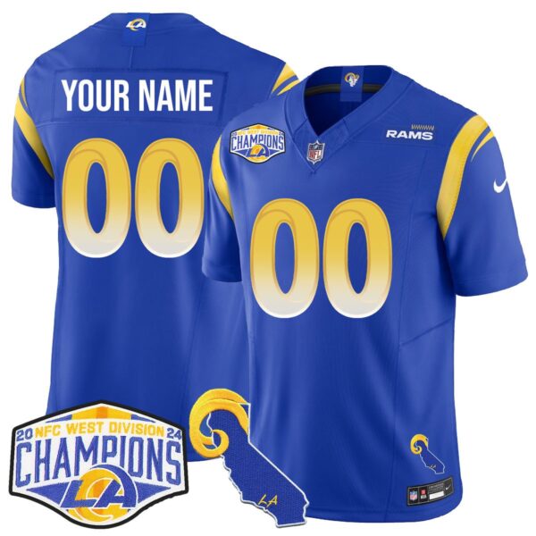 Custom Gender/Name Los Angeles Rams 2024 NFC West Division Champions Jersey N1 – All Stitched – Royal Jersey