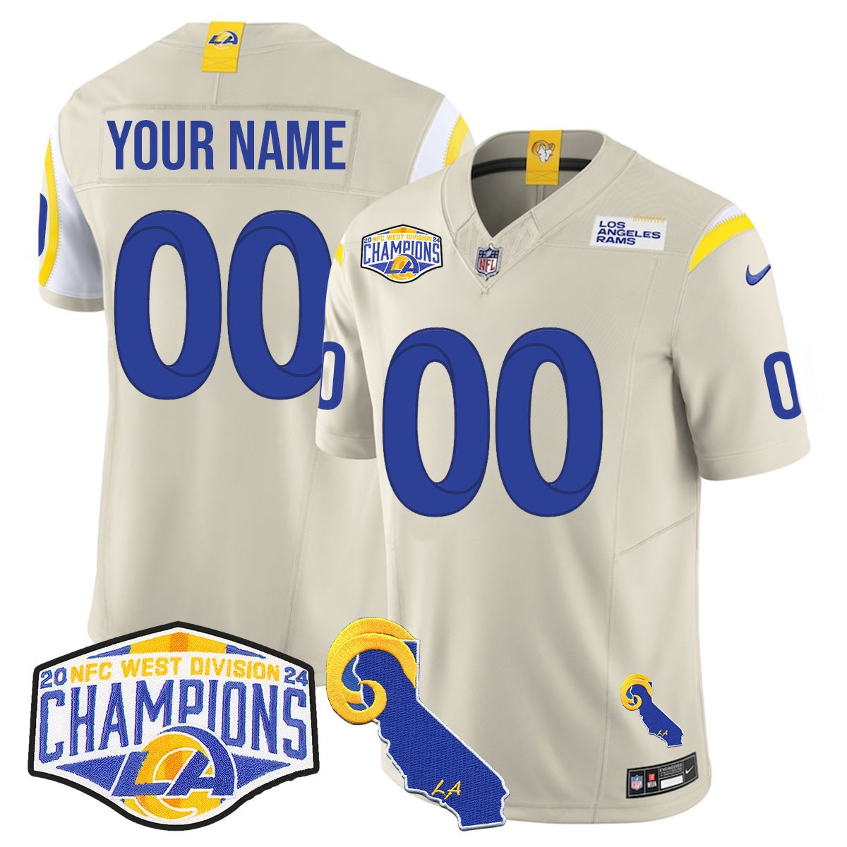 Custom Gender/Name Los Angeles Rams 2024 NFC West Division Champions Jersey N1 – All Stitched – Bone Jersey