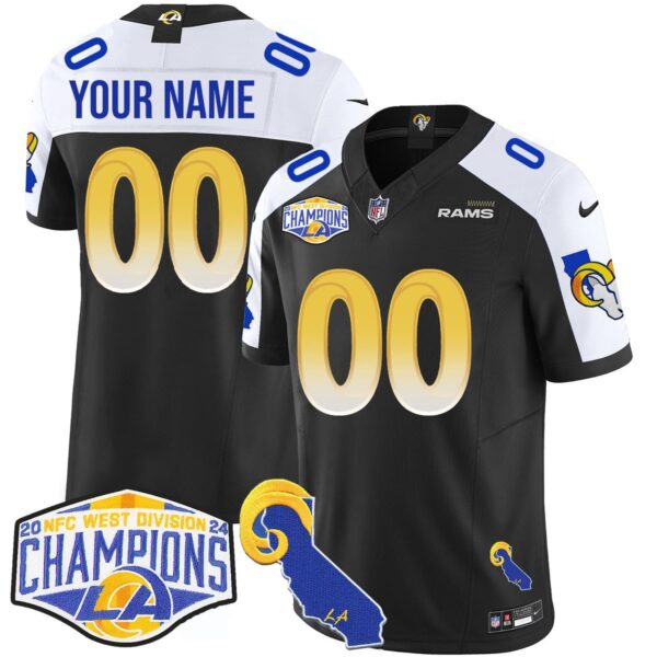 Custom Gender/Name Los Angeles Rams 2024 NFC West Division Champions Jersey N1 – All Stitched – Black Alternate Jersey