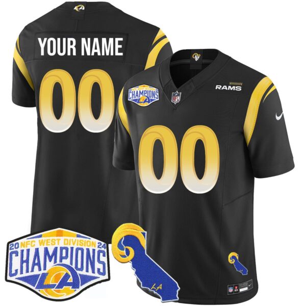 Custom Gender/Name Los Angeles Rams 2024 NFC West Division Champions Jersey N1 – All Stitched – Black Jersey