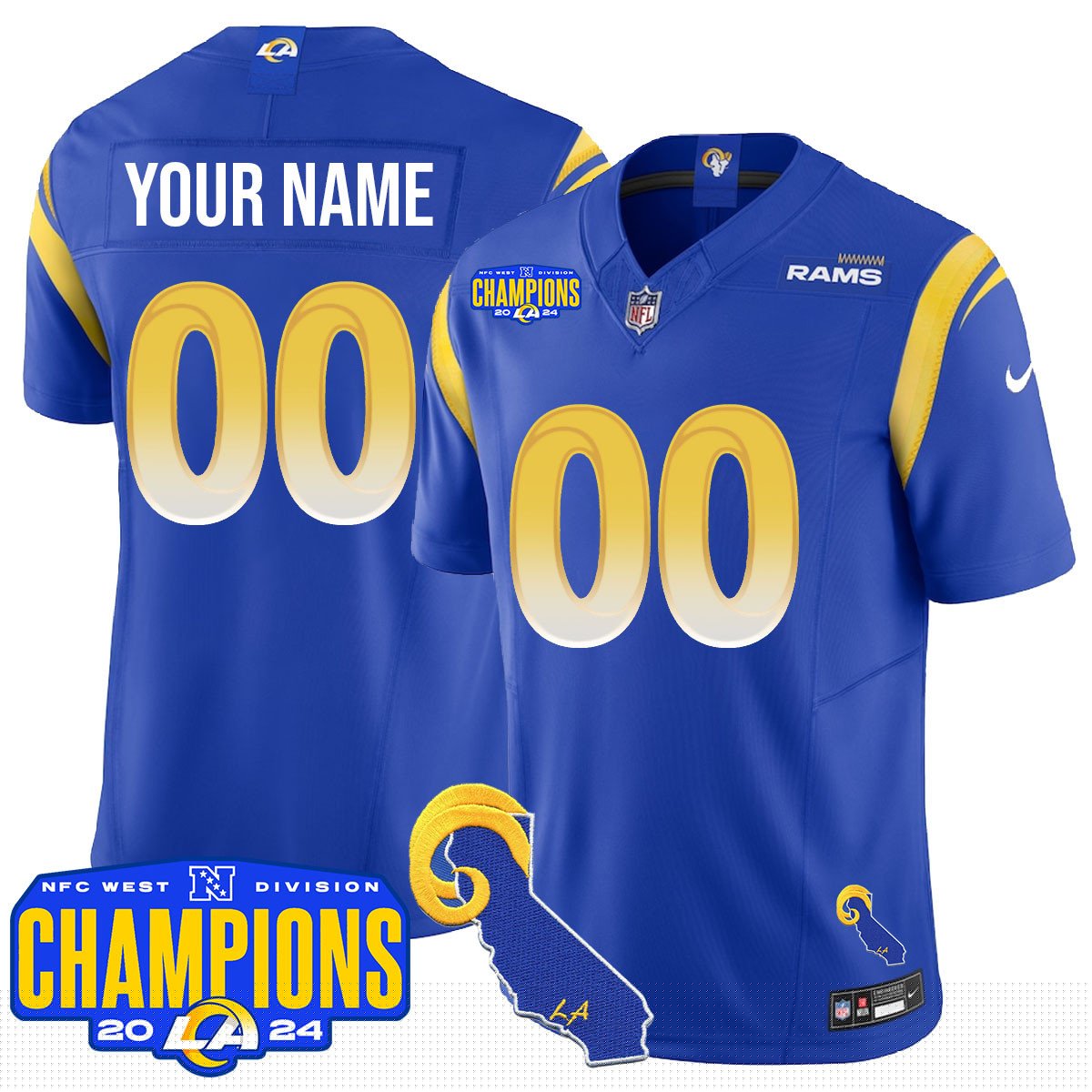 Custom Gender/Name Los Angeles Rams 2024 NFC West Division Champions Jersey – All Stitched – Royal Jersey