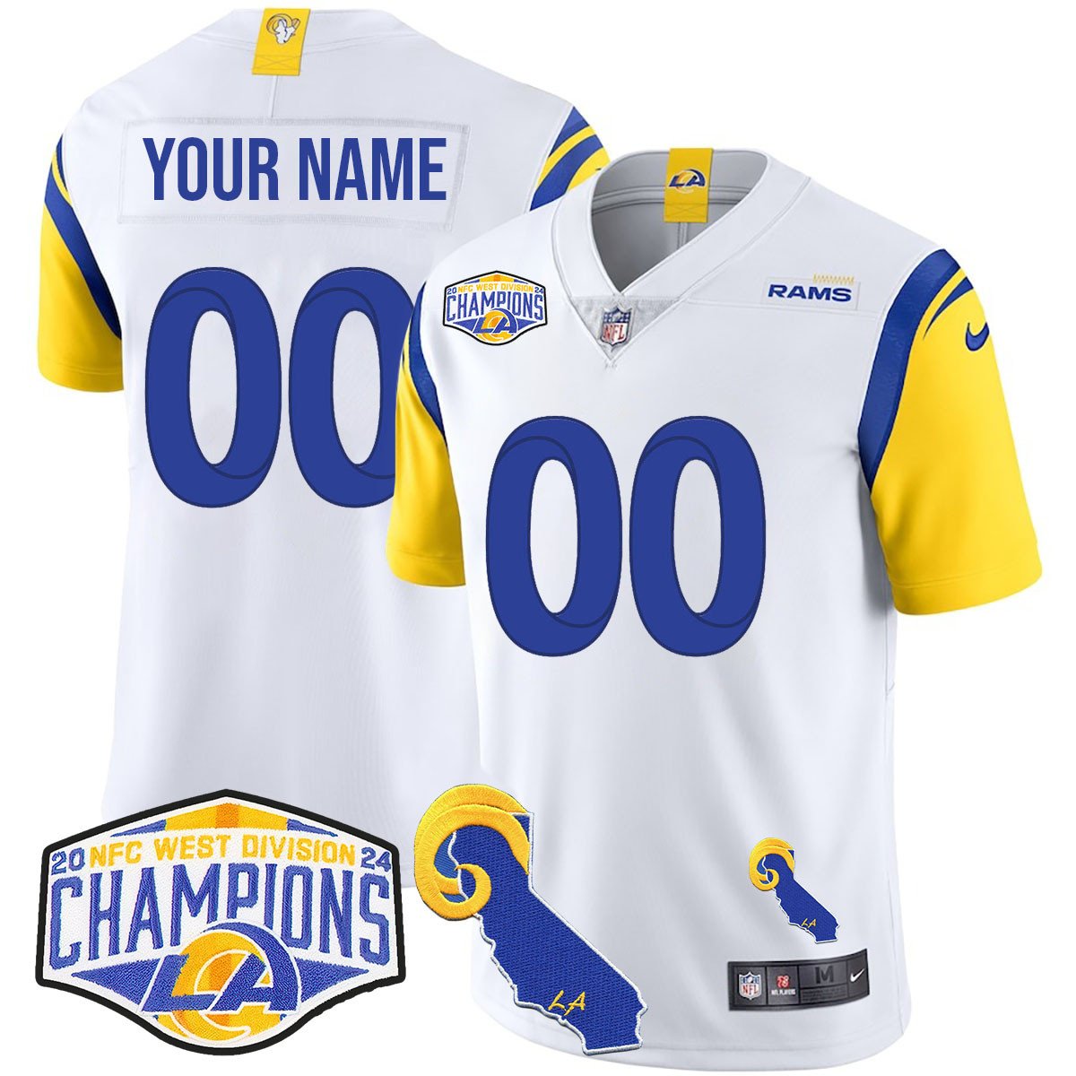 Custom Gender/Name Los Angeles Rams 2024 NFC West Division Champions Jersey N1 – All Stitched – White Jersey
