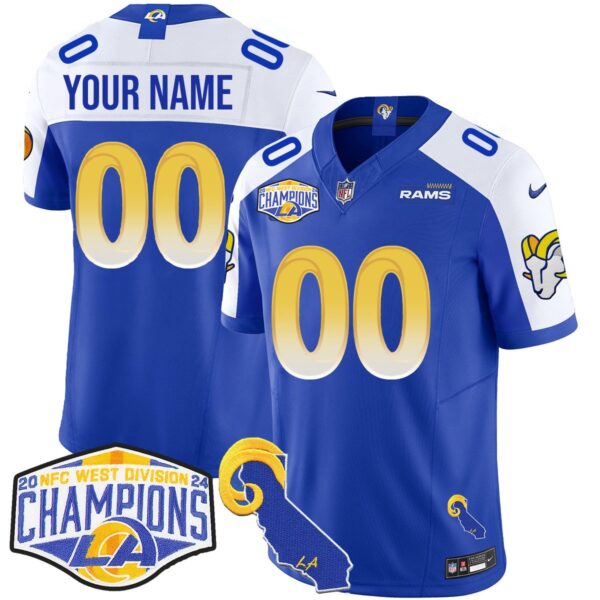Custom Gender/Name Los Angeles Rams 2024 NFC West Division Champions Jersey N1 – All Stitched – Royal Alternate Jersey