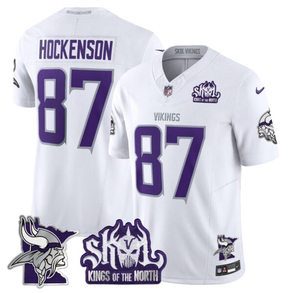 Minnesota Vikings Kings Of The North Patch Vapor Limited Jersey V3 – All Stitched – Winter Warrior – T.J. Hockenson Jersey