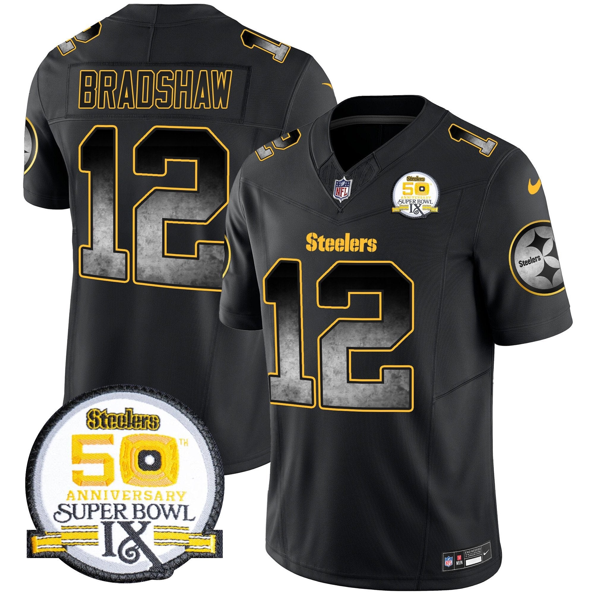 Steelers Arch Smoke 50th Anniversary Of Super Bowl IX Patch Vapor Limited Jersey – All Stitched – Black – Terry Bradshaw Jersey