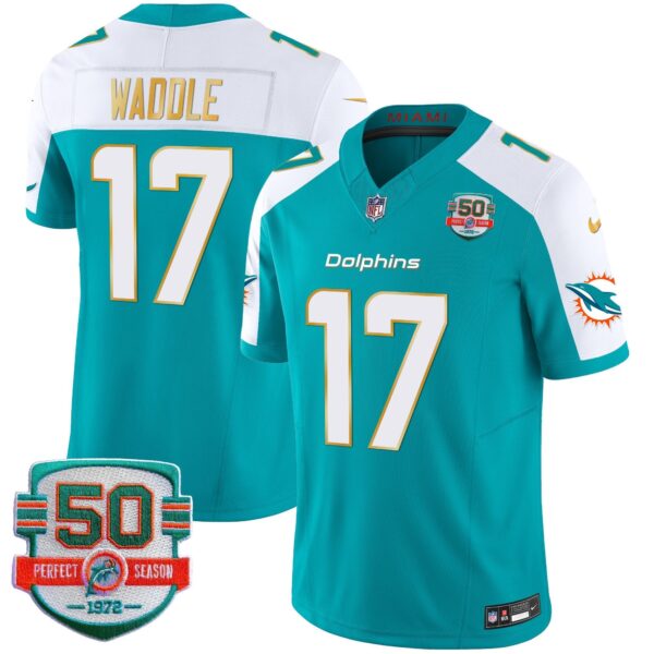 Dolphins Gold Trim Vapor Limited Jersey – All Stitched – Aqua Alternate – Jaylen Waddle Jersey