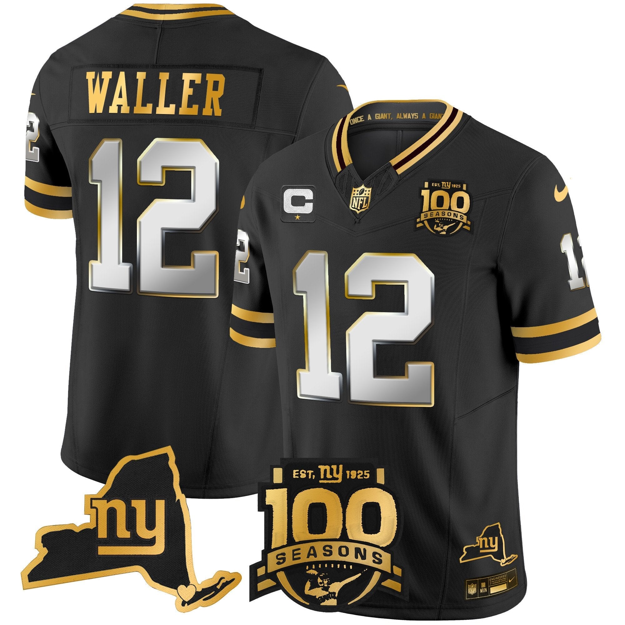 New York Giants 100th Season & State Patch Gold Vapor Limited Jersey – All Stitched – Black Limited – Darren Waller Jersey