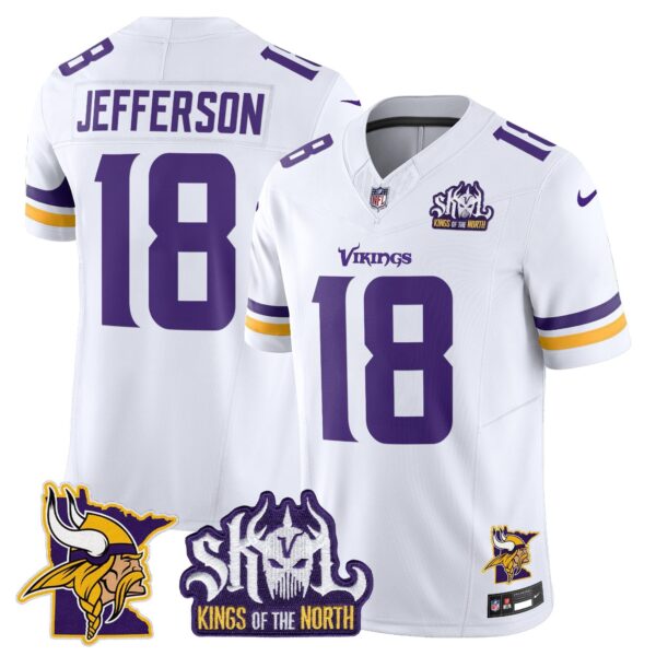 Minnesota Vikings Kings Of The North Patch Vapor Limited Jersey V3 – All Stitched – White – Justin Jefferson Jersey