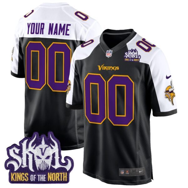 Minnesota Vikings King Of The North Patch Throwback Game Custom Jersey – All Stitched – Black Alternate Jersey