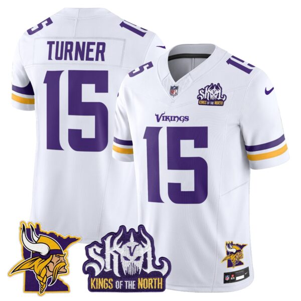 Minnesota Vikings Kings Of The North Patch Vapor Limited Jersey V3 – All Stitched – White – Dallas Turner Jersey