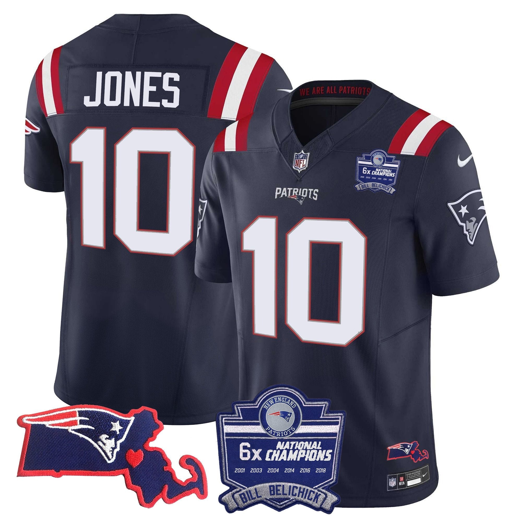 Patriots Bill Belichick 6x Champions Patch Vapor Jersey – All Stitched – Navy – Mac Jones Jersey
