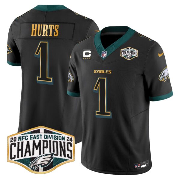Eagles 2024 NFC East Division Champions Gold Trim Vapor Limited Jersey – All Stitched – Black – Jalen Hurts Jersey