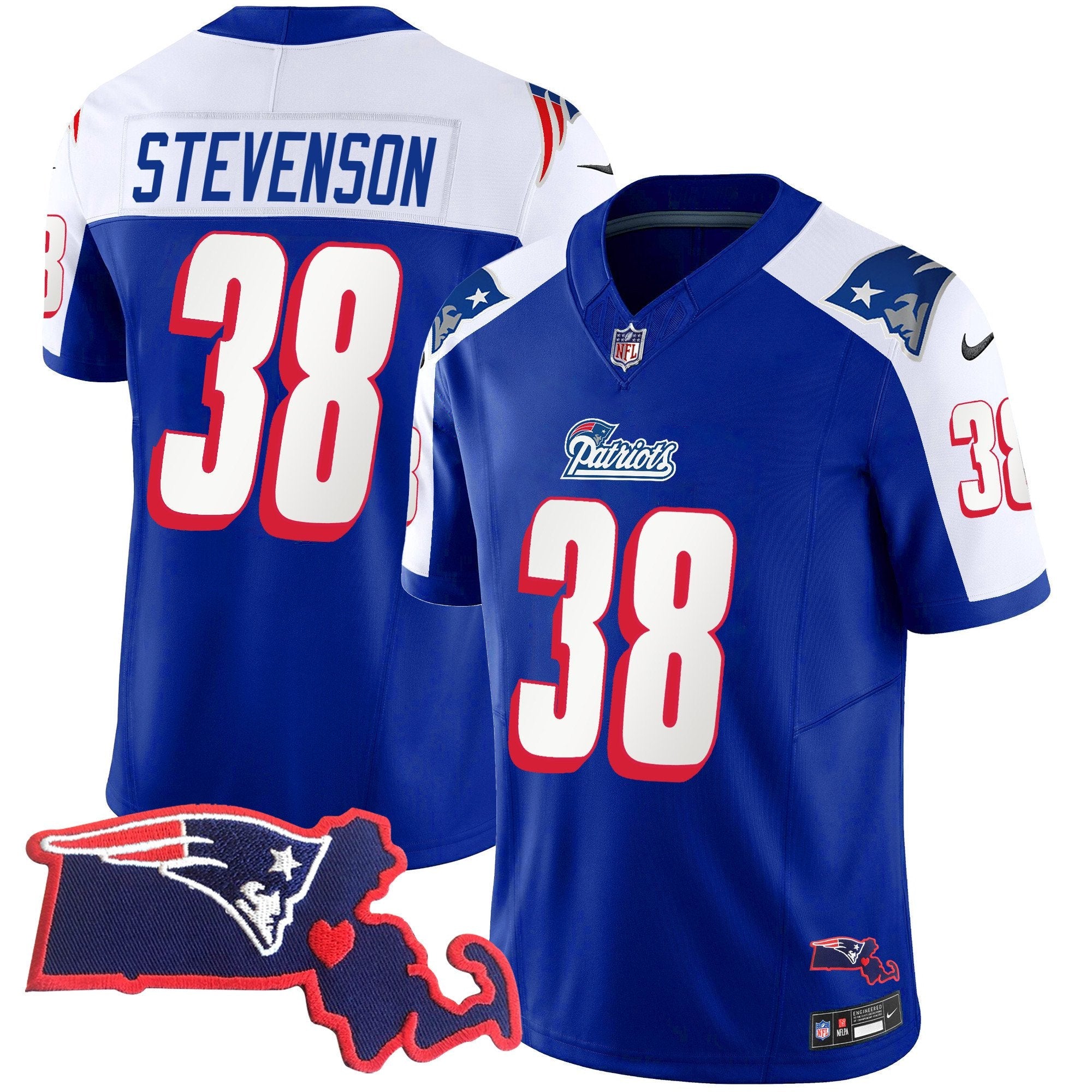 Patriots 1996 Throwback State Patch Vapor Jersey – All Stitched – Royal Alternate – Rhamondre Stevenson Jersey