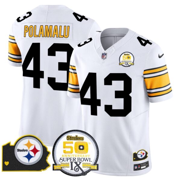 Steelers 50th Anniversary Of Super Bowl IX & Map Patch Vapor Limited Jersey – All Stitched – 1975 White – Troy Polamalu Jersey