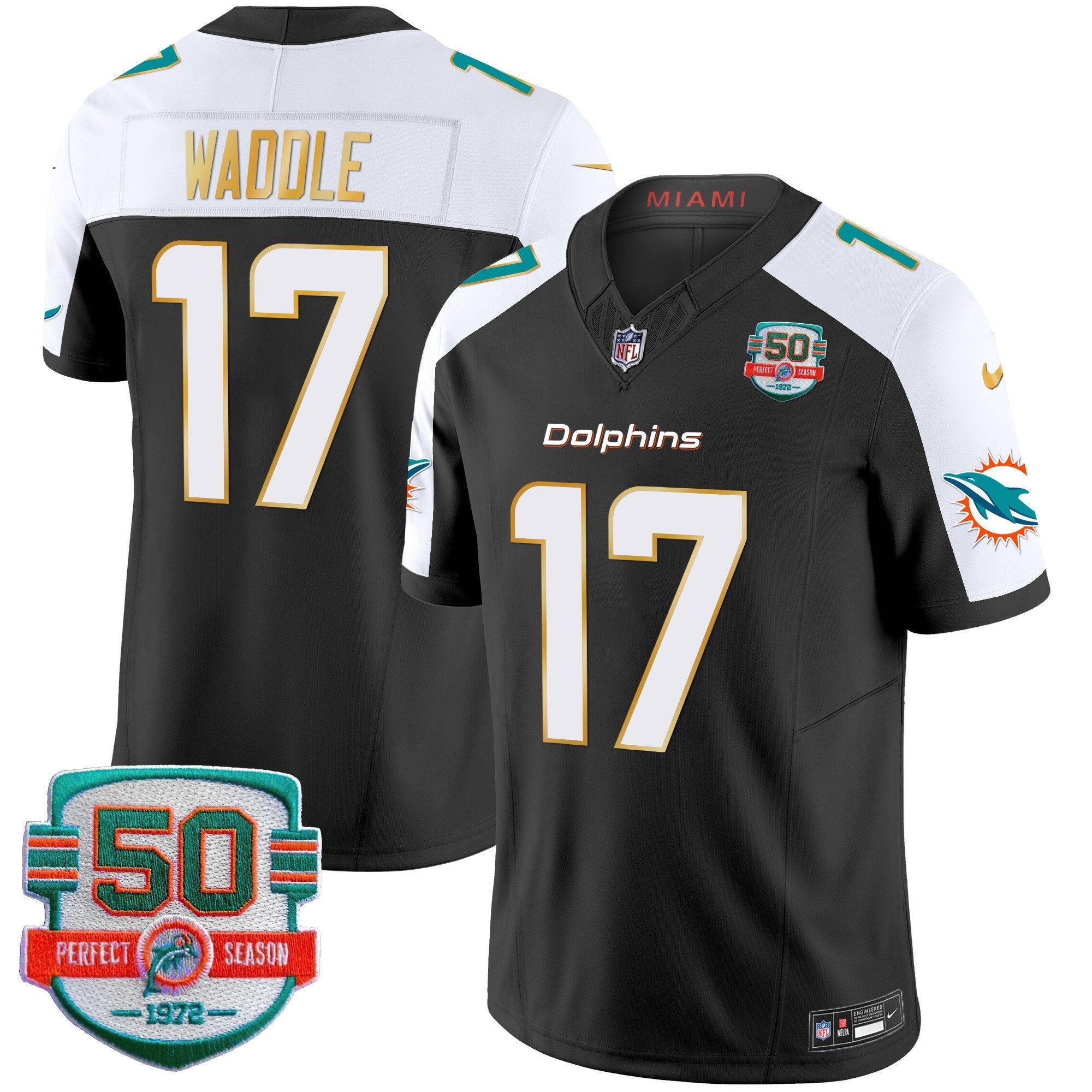 Dolphins Gold Trim Vapor Limited Jersey – All Stitched – Black Alternate – Jaylen Waddle Jersey