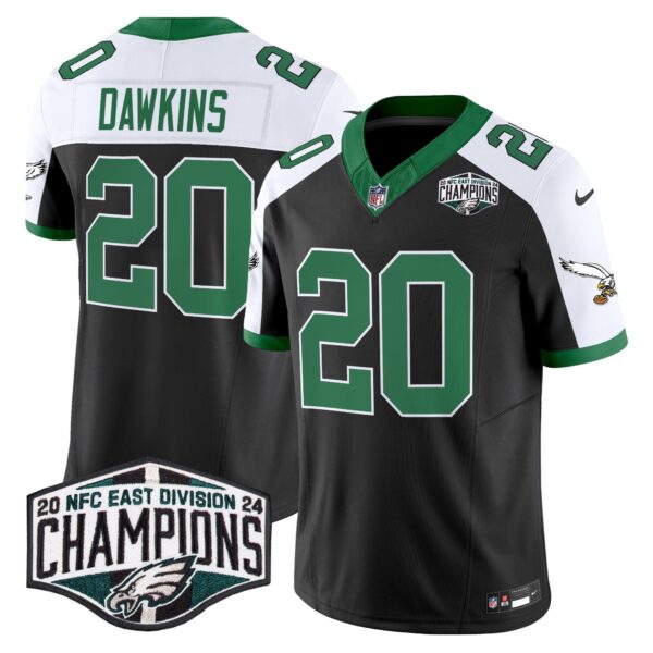 Philadelphia Eagles Kelly Green 2024 NFC East Division Champions Vapor Limited Jersey V2 – All Stitched – Black Alternate – Brian Dawkins Jersey