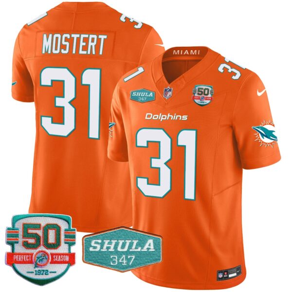 Dolphins Shula 347 Patch Vapor Limited Jersey V2 – All Stitched – Orange – Raheem Mostert Jersey