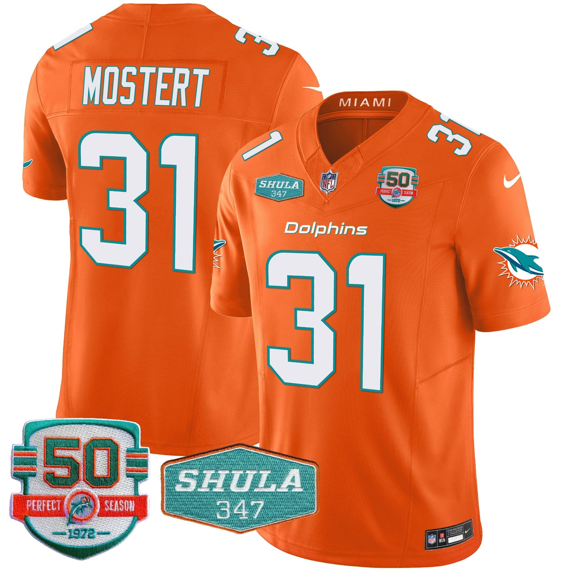 Dolphins Shula 347 Patch Vapor Limited Jersey V2 – All Stitched – Orange – Raheem Mostert Jersey