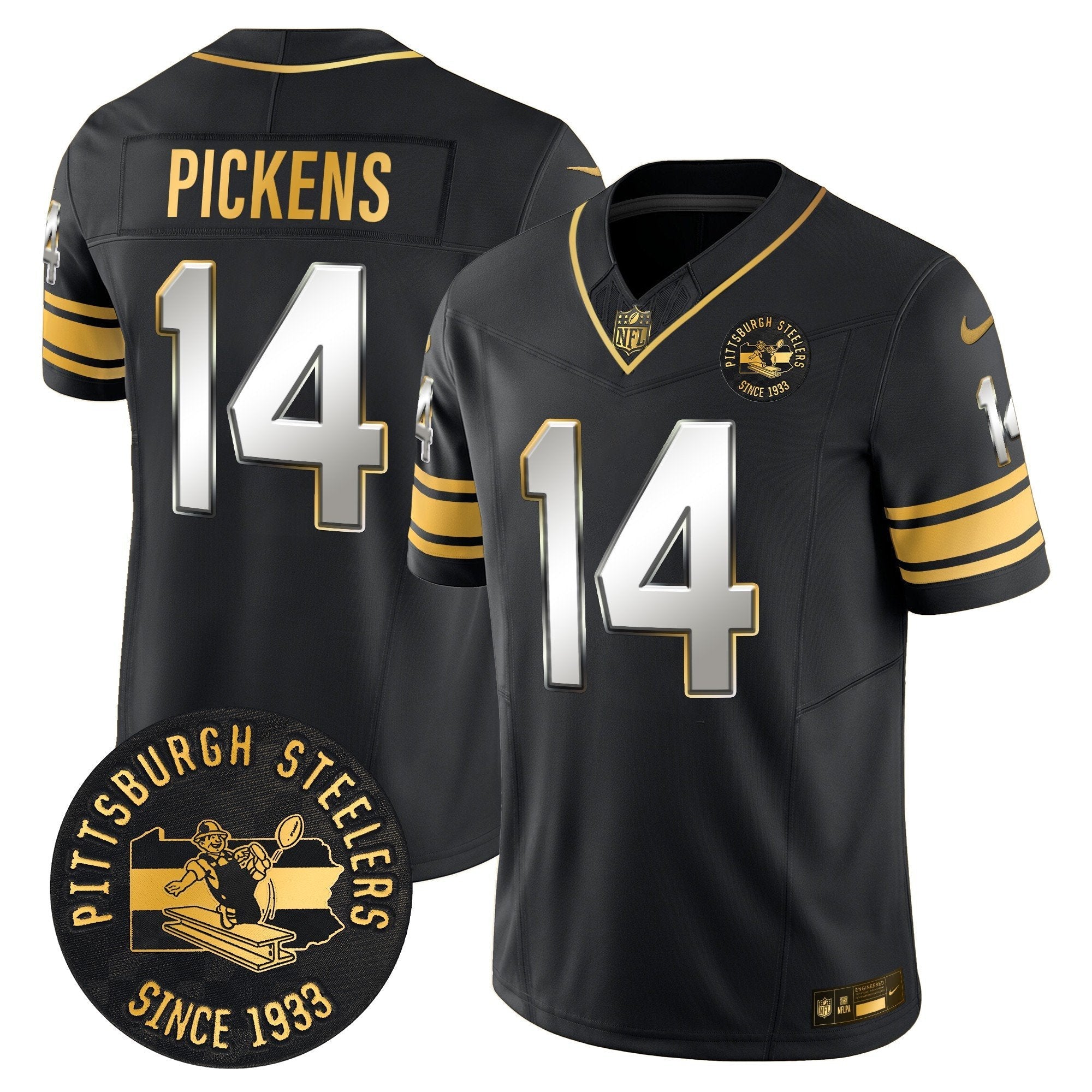 Pittsburgh Steelers Throwback 1933 Patch Gold Vapor Limited Jersey – All Stitched – Black Limited – George Pickens Jersey