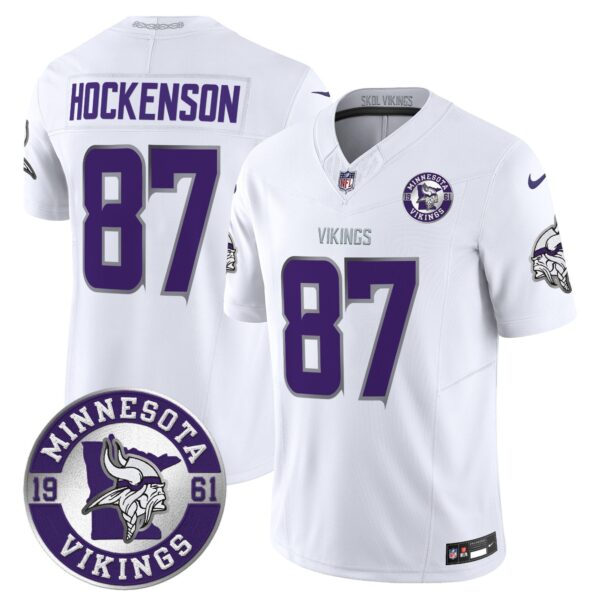 Minnesota Vikings 2024 Vapor Limited Jersey V2 – Est. 1961 Patch – All Stitched – Winter Warrior – T.J. Hockenson Jersey