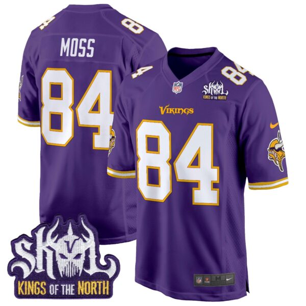Minnesota Vikings King Of The North Patch Throwback Game Jersey – All Stitched – Purple – Randy Moss Jersey