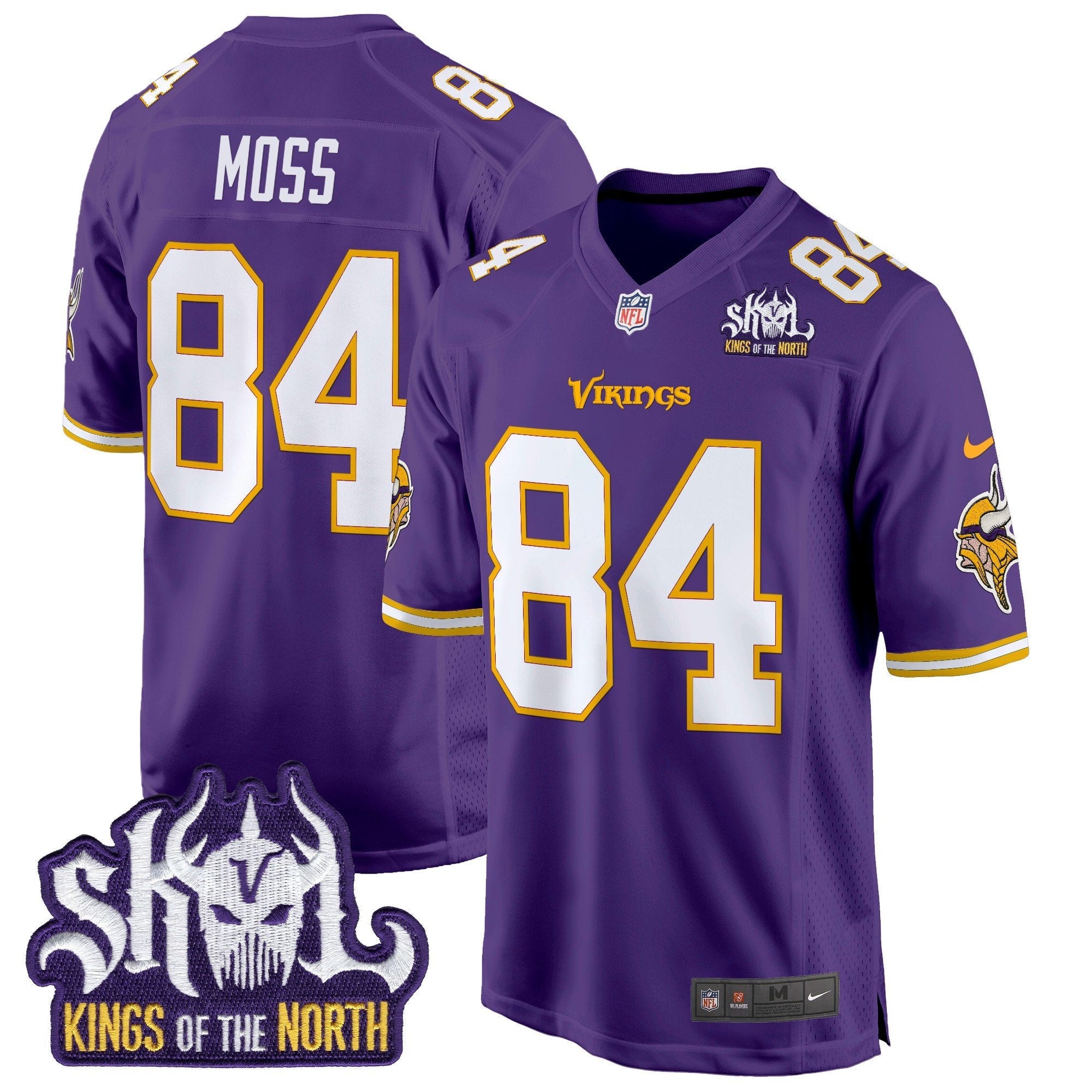 Minnesota Vikings King Of The North Patch Throwback Game Jersey – All Stitched – Purple – Randy Moss Jersey