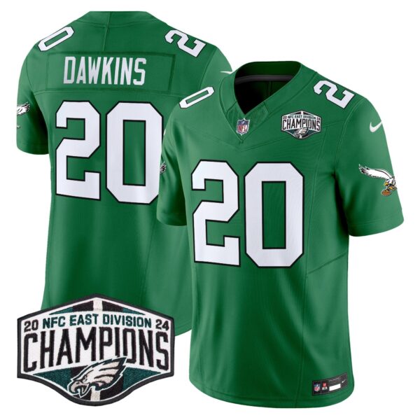 Philadelphia Eagles Kelly Green 2024 NFC East Division Champions Vapor Limited Jersey V2 – All Stitched – Kelly Green – Brian Dawkins Jersey