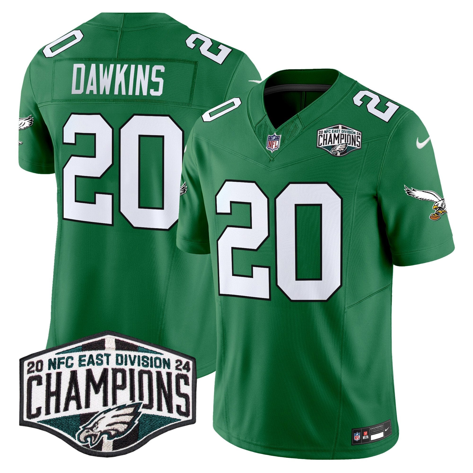 Philadelphia Eagles Kelly Green 2024 NFC East Division Champions Vapor Limited Jersey V2 – All Stitched – Kelly Green – Brian Dawkins Jersey