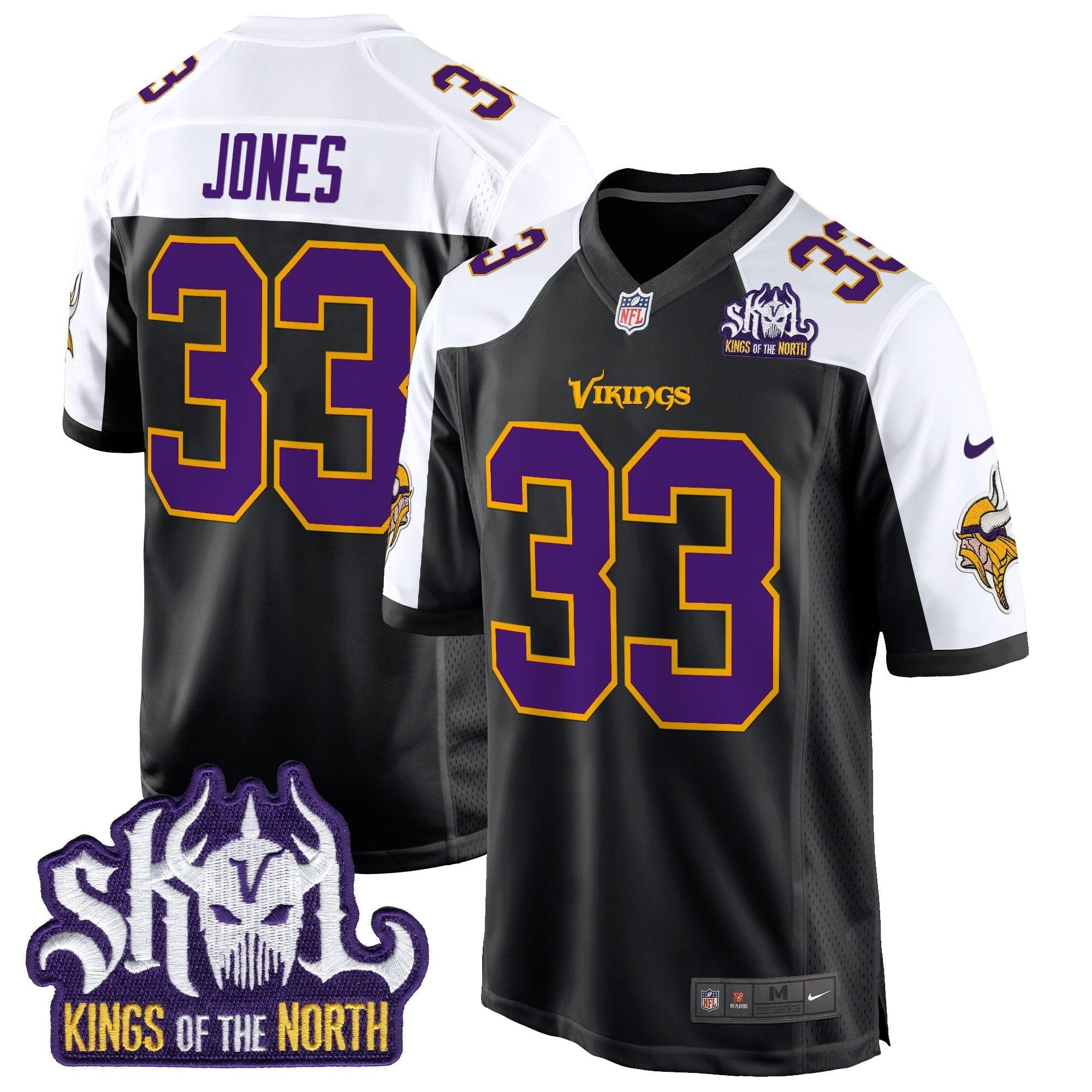 Minnesota Vikings King Of The North Patch Throwback Game Jersey – All Stitched – Black Alternate – Aaron Jones Jersey