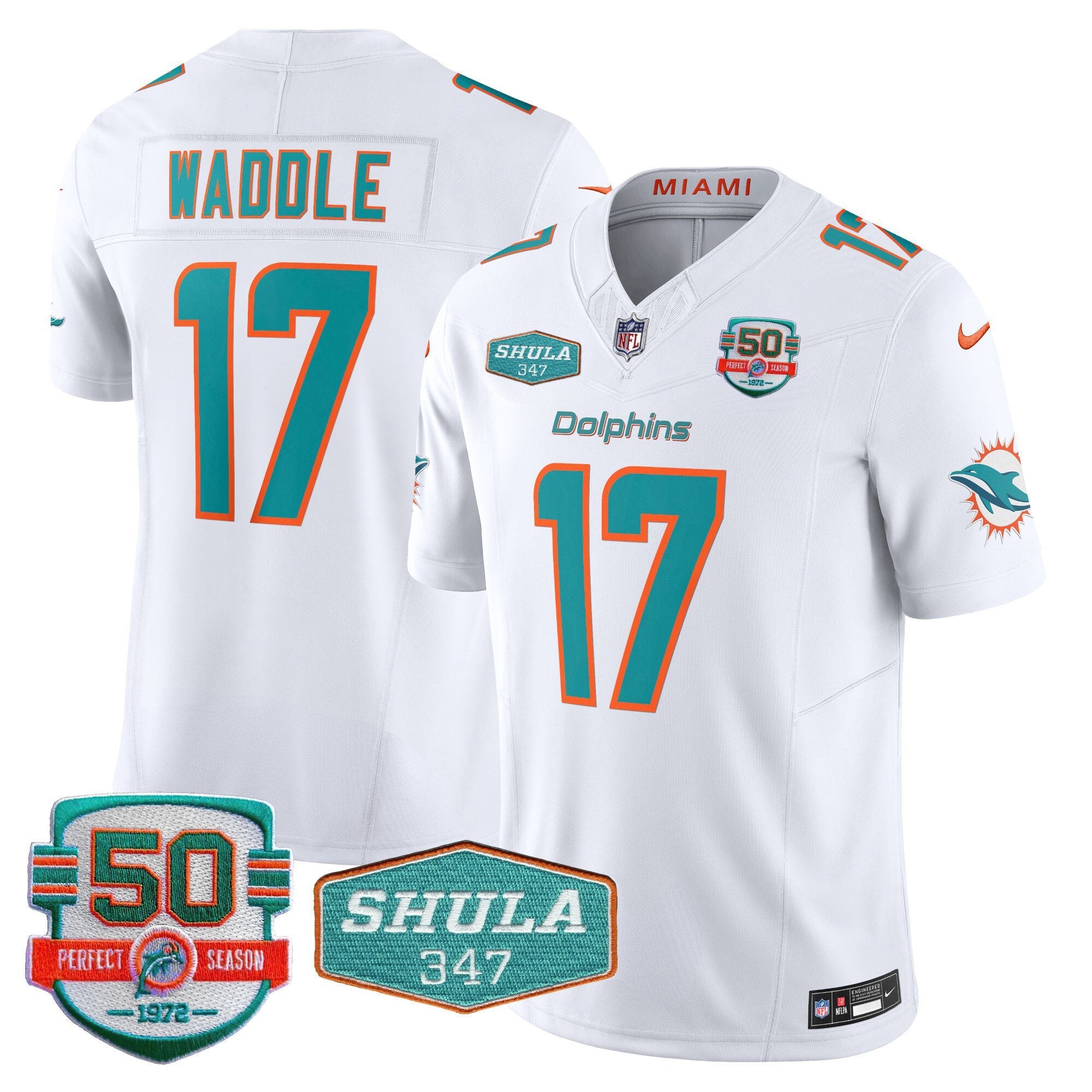 Dolphins Shula 347 Patch Vapor Limited Jersey V2 – All Stitched – White – Jaylen Waddle Jersey