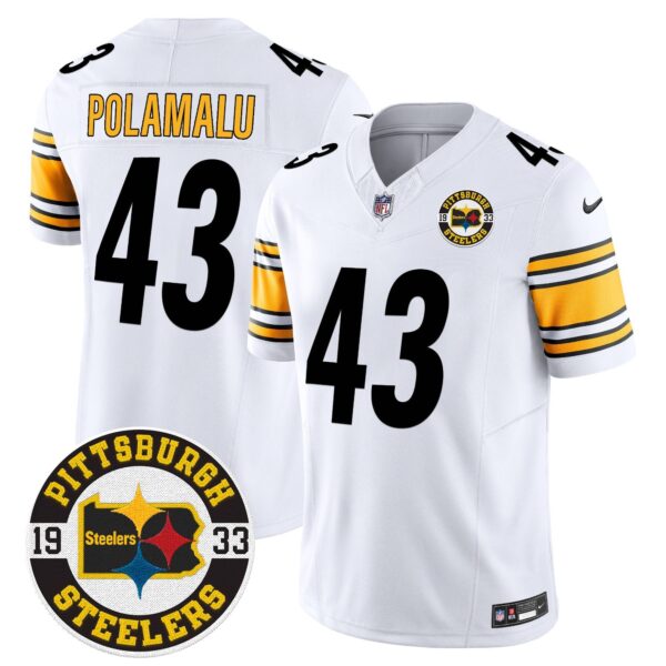 Steelers 2024 Vapor Limited Jersey – Est 1933 Patch – All Stitched – White – Troy Polamalu Jersey