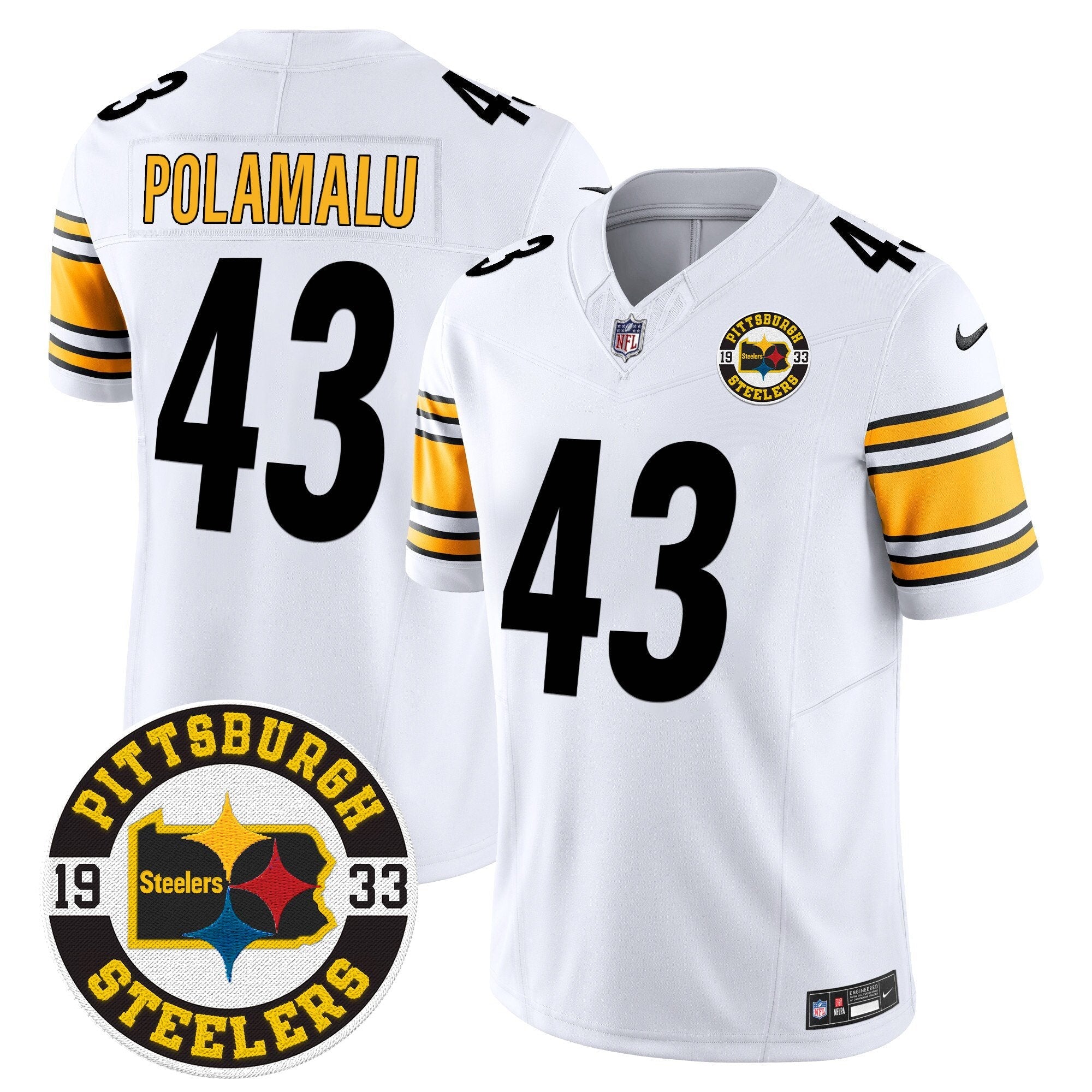Steelers 2024 Vapor Limited Jersey – Est 1933 Patch – All Stitched – White – Troy Polamalu Jersey