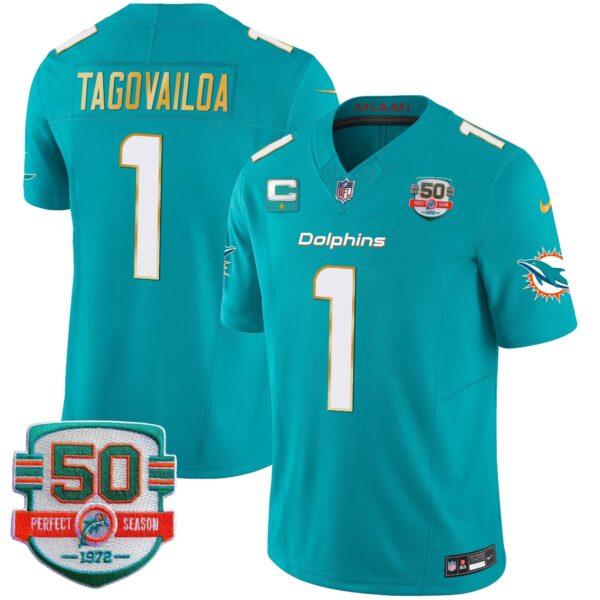 Dolphins Gold Trim Vapor Limited Jersey – All Stitched – Aqua – Tua Tagovailoa Jersey