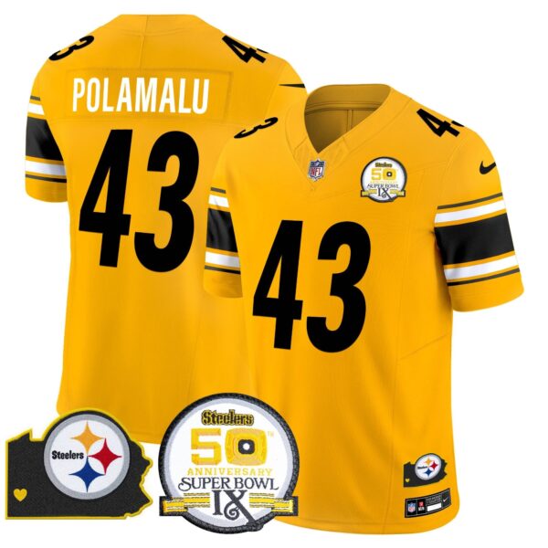Steelers 50th Anniversary Of Super Bowl IX & Map Patch Vapor Limited Jersey – All Stitched – Gold – Troy Polamalu Jersey