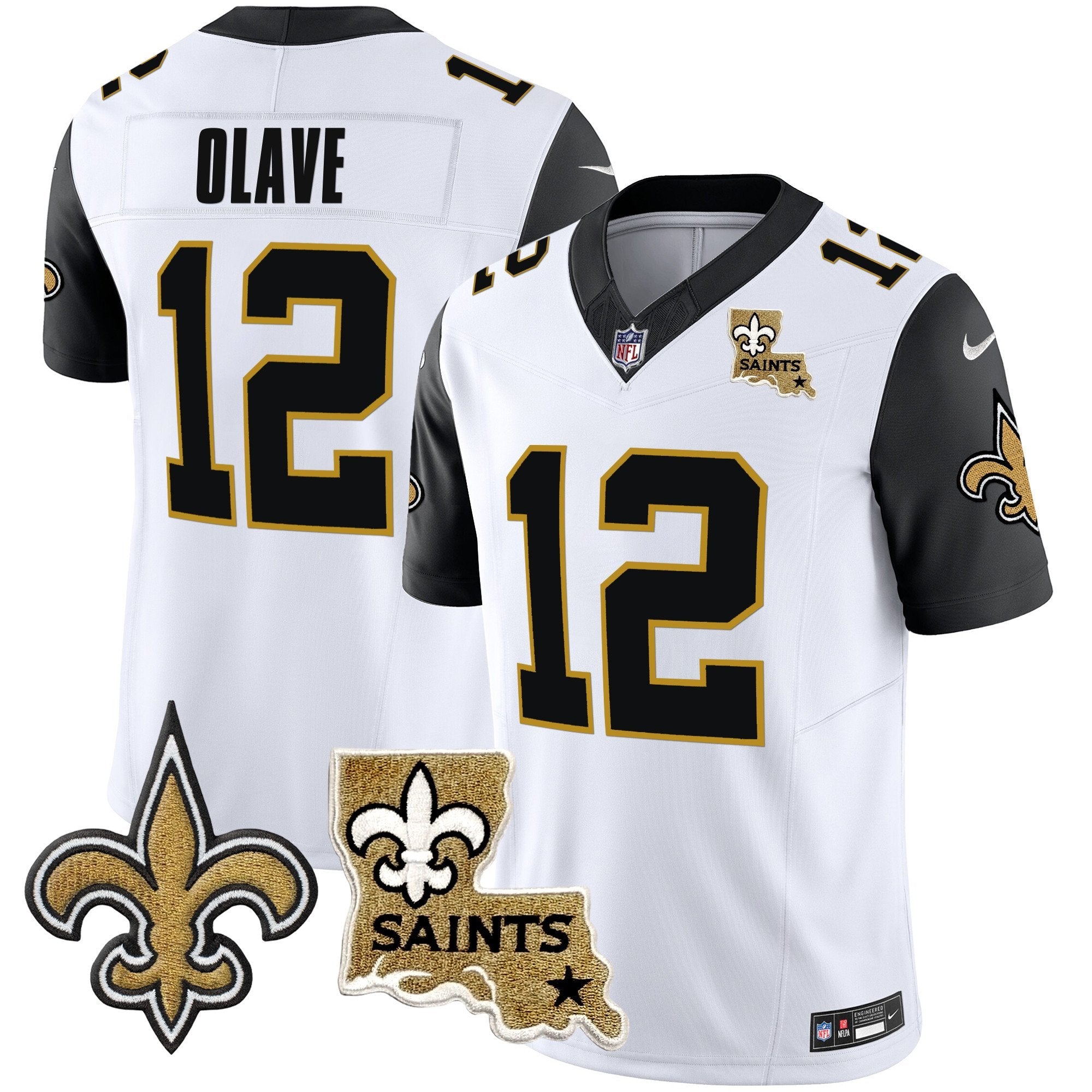Saints Vapor Limited Jersey – New Orleans Patch – All Stitched – Black Sleeves – Chris Olave Jersey
