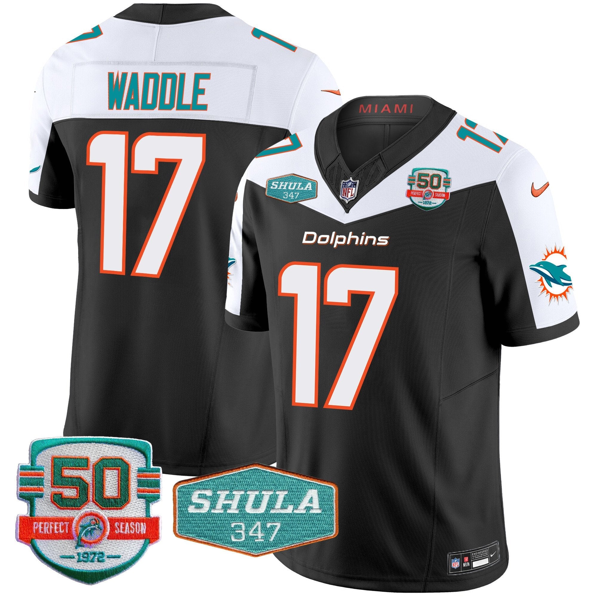 Dolphins Shula 347 Patch Vapor Limited Jersey V2 – All Stitched – Black Alternate – Jaylen Waddle Jersey