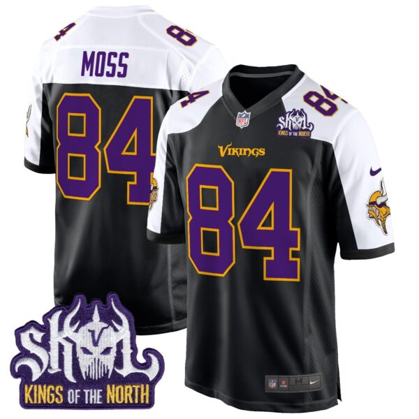 Minnesota Vikings King Of The North Patch Throwback Game Jersey – All Stitched – Black Alternate – Randy Moss Jersey