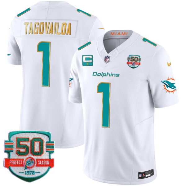 Dolphins Gold Trim Vapor Limited Jersey – All Stitched – White – Tua Tagovailoa Jersey