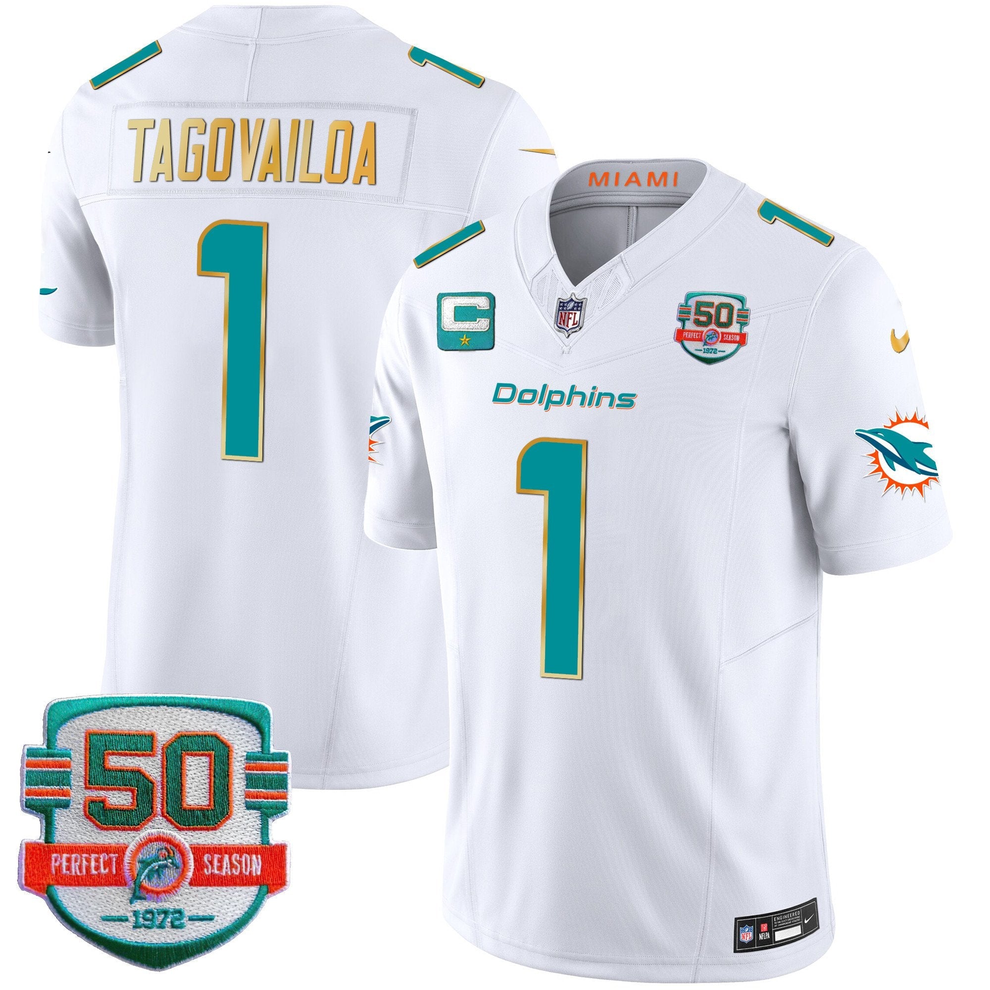 Dolphins Gold Trim Vapor Limited Jersey – All Stitched – White – Tua Tagovailoa Jersey