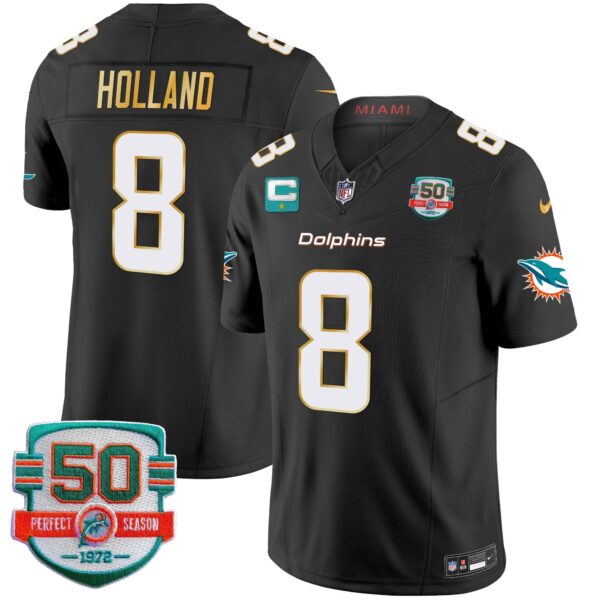 Dolphins Gold Trim Vapor Limited Jersey – All Stitched – Black – Jevon Holland Jersey