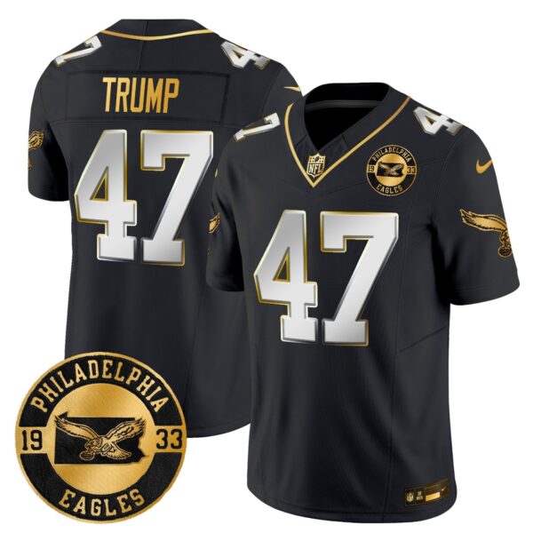 Philadelphia Eagles 2024 Throwback Gold Vapor Limited Jersey – Est. 1933 Patch – All Stitched – Black Limited – Donald Trump Jersey