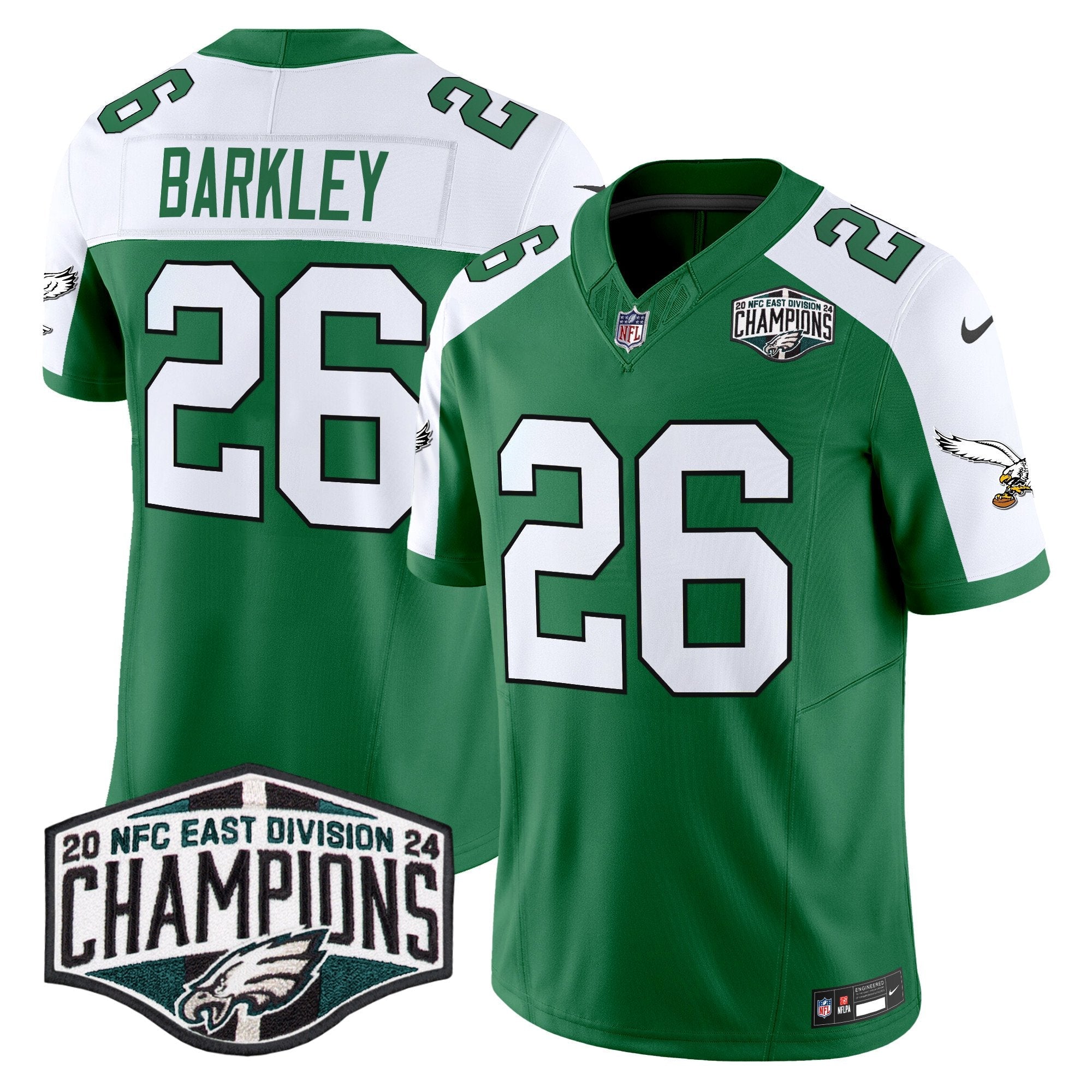 Philadelphia Eagles Kelly Green 2024 NFC East Division Champions Vapor Limited Jersey V2 – All Stitched – Kelly Alternate – Saquon Barkley Jersey
