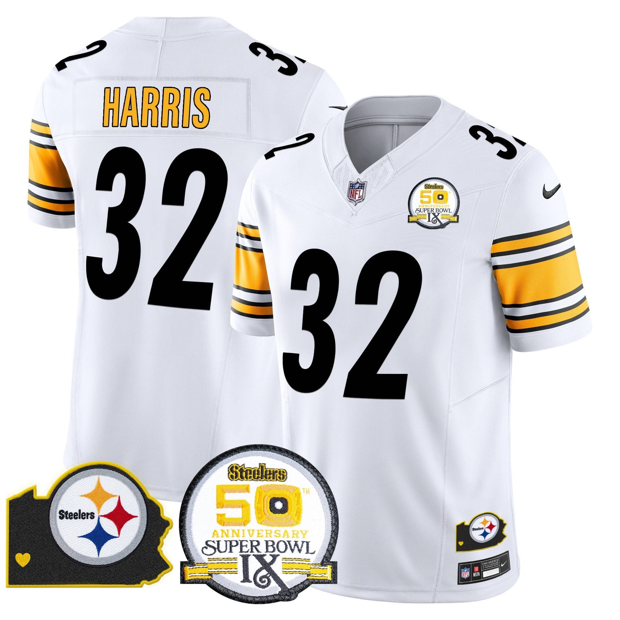 Steelers 50th Anniversary Of Super Bowl IX & Map Patch Vapor Limited Jersey – All Stitched – White – Franco Harris Jersey