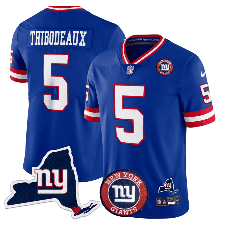 Giants New York State & Logo Patch Limited Jersey – All Stitched – Royal – Kayvon Thibodeaux Jersey